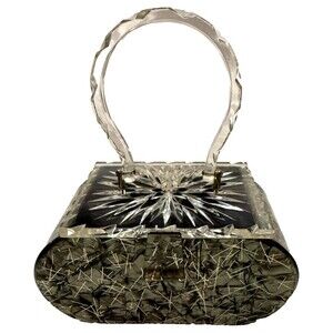 Vintage 1950s Gilli NY Atomic Confetti Lucite Box Purse Silver Starburst Lid MCM